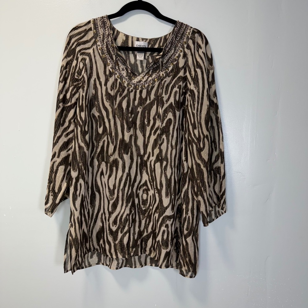 Chicos Silk Blend Zebra Print Metallic Tunic Blouse Top‎ Brown Size 2 Large